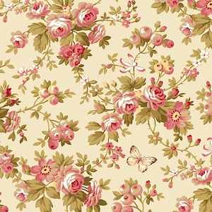 Agatha&#39;s Garden Fabric Kathy Hall Andover - Half Yard - Floral All Over Cream Off White Pinks Red Floral Butterflies Cotton Fabric A-9317-RL