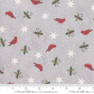 Homegrown Holidays Fabric - Half Yard - Grey with Snowflakes Holly Cardinal Birds Deb Strain Christmas Novelty Fabric Moda Fabric 19945 12