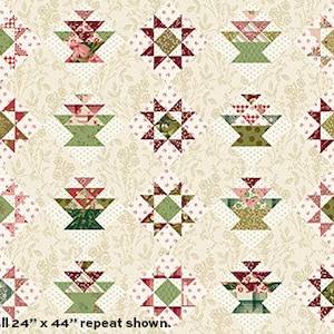 May include: A fabric pattern featuring repeating floral basket and star designs in shades of green, red, and pink on a cream background. The pattern is a full 24" x 44" repeat. The fabric is suitable for quilting and other craft projects.
