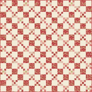 May include: A patchwork quilt with a repeating pattern of alternating red floral squares and cream-colored squares. The red squares feature a variety of floral prints, while the cream squares have a dotted texture. The quilt is made of fabric squares.