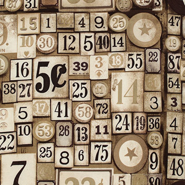 Game Pieces Taupe - Half Yard - Foundations - Tim Holtz Designer Quilting Sewing Fabric Eclectic Elements Bingo Number Pieces PWTH012.TAUPE