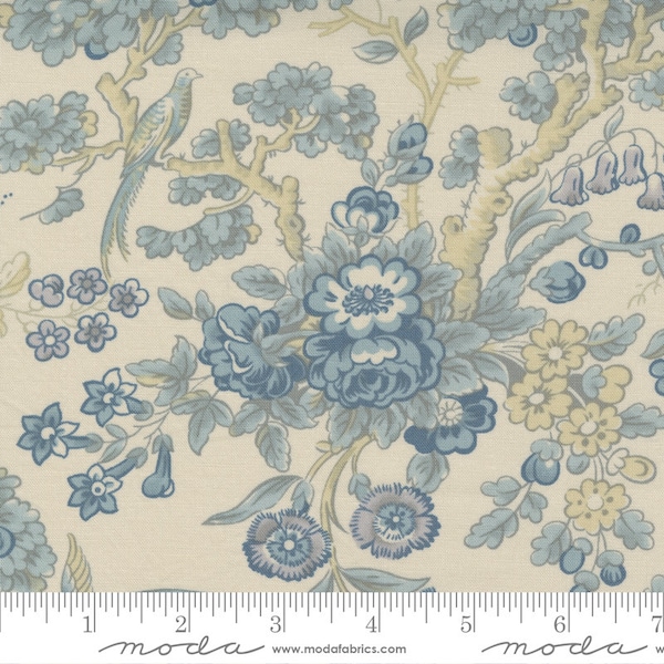 Regency Somerset Blues Fabric - Moda Fabric - Half Yard- Large Floral Ivory Off White with Blue and Taupe Cotton Quilting Fabric 42360 12