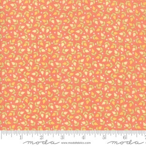 May include: Close-up of a fabric with a repeating pattern of small leaves and dots. The leaves are yellow and light green, set against a coral background. A ruler is at the bottom, with the word "moda" printed on it.