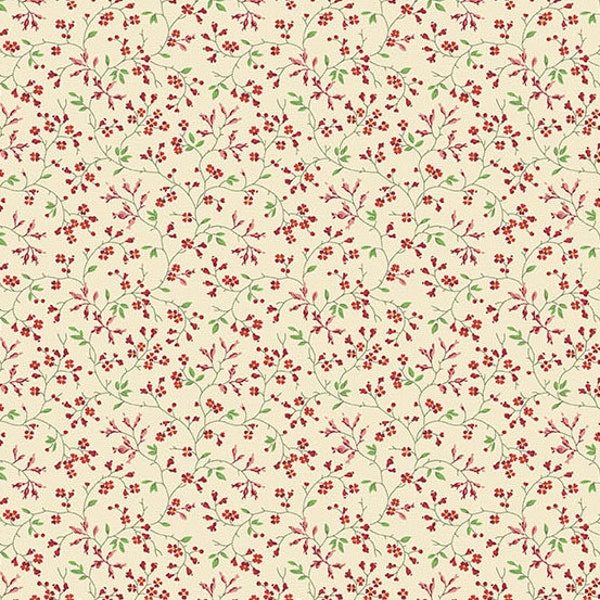 Noel Fabric -Half Yard- Edyta Sitar Fabric Flowers Green and Red on Off White Cream Laundry Basket Quilts Andover Fabric Holly Vine A-9916-R