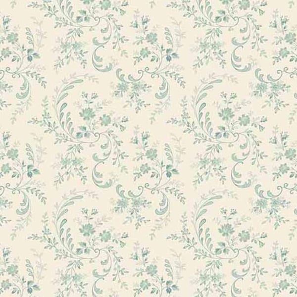 Petit Point Fabric - Half Yard - Andover Fabric Floral Vines Cream Off White Teal Blue Flowers Small Roses Flowers Cotton Shirting A-538-T