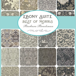 William Morris Ebony Suite Fabric -Fat Quarter bundle- Moda Fabric cotton quilt fabric set of 24 reproduction Fabric Black Gray Cream 8380AB