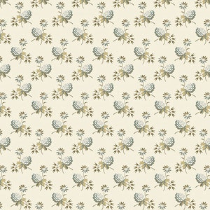 May include: A repeating pattern of stylized floral elements on a cream background. The design features clusters of white and blue flowers with green and brown stems and leaves, interspersed with small star-shaped flowers.