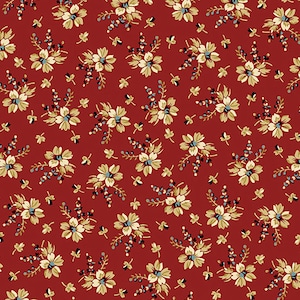 Glenfern Lodge Fabric - Half Yard - Max and Louse Andover Fabric - Red with Brown White and Blue Flowers Floral Print A-9854-R