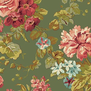 May include: A floral pattern featuring large, detailed flowers in shades of red, pink, and blue against a muted green background. The design includes various flower types and green foliage, creating a vintage, botanical aesthetic.