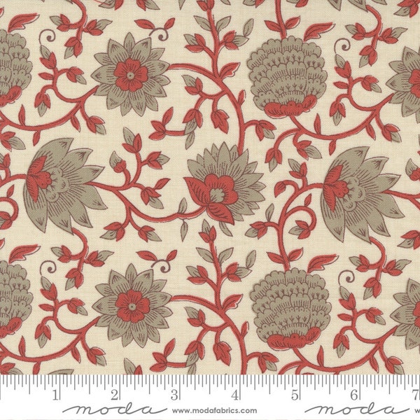 Bonheur De Jour Fabric -Half Yard- French General Floral Pearl Cream with Red Taupe Flowers Monet Reproduction Floral Fabric Moda 13912 16