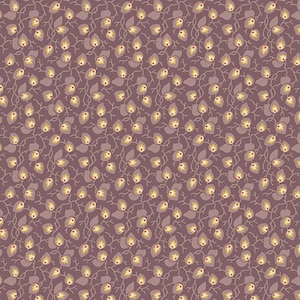 May include: A repeating pattern of small, stylized leaves and berries in shades of mauve, gold, and cream. The design features a network of thin, curving stems and is suitable for fabric or wallpaper.