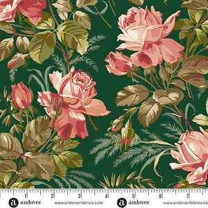 May include: A fabric with a floral pattern featuring large pink roses, buds, and green leaves on a dark green background. The design includes detailed botanical elements and the text "andoverfabrics.com".
