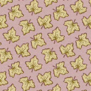 May include: A repeating pattern of stylized yellow-green leaves with brown outlines on a light pink textured background. The leaves are evenly spaced and create a seamless design, suitable for fabric or wallpaper.