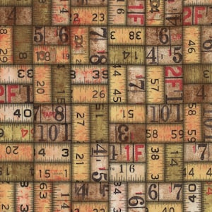 May include: A fabric pattern featuring a repeating design of vintage measuring tapes. The tapes are in various shades of tan, brown, and green, with black and red numbers. The overall effect is a rustic, textured look.
