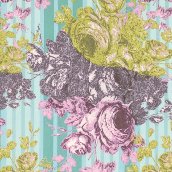Rose Water Fabric Stepping Stones - Half Yard - Tina Givens Large Scale Floral Flowers Purples and Greens on Aqua Quilt Fabric PWTG187.LIMEX