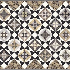 May include: A geometric quilt featuring a repeating pattern of diamonds and squares in neutral tones of beige, gray, and black. The quilt has a floral border and is designed with a mix of solid and patterned fabrics.