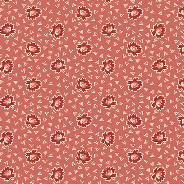 Veranda Fabric - Half Yard- Andover Fabric Renee Nanneman Salmon Pink Light Red Fabric with Flowers and Triangle Design Quilt Fabric A-151-E