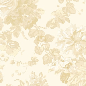 May include: A seamless pattern featuring a cream-colored background with a repeating floral design. The flowers are in shades of cream and beige, with detailed petals and leaves. The overall effect is soft and elegant, suitable for wallpaper or fabric.