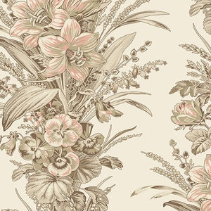 Cocoa Pink Fabric -Half Yard- Edyta Sitar Light Taupe Cream Amaryllis Flowers Large Floral Stripe Laundry Basket Quilts Andover A-725-LE