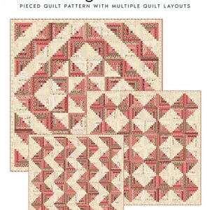 May include: A quilt pattern titled "Log Cabin" by Laundry Basket Quilts. The pattern features multiple quilt layouts with a repeating geometric design in shades of red, pink, and cream. The quilt sizes are 60.5" x 60.5".
