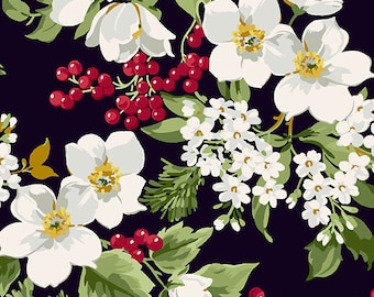 Winter Rose Fabric - Half Yard - Christmas Holly Berries Leaves Flowers on Black Fabric Andover Winter Cotton Mask Quilt Fabric A-9418-K