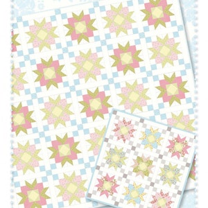 May include: A quilt pattern featuring a floral design with pink, yellow, and green star-shaped blocks on a white and light blue background. The pattern is available in two sizes: 72" x 72" and 22" x 22". The quilt is labeled "Ella #247".