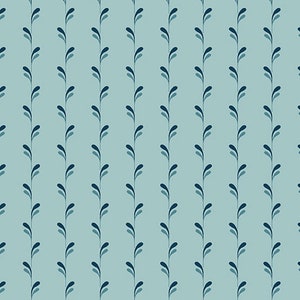 May include: A repeating pattern of vertical stems with dark blue teardrop-shaped leaves on a light blue background. The leaves alternate in color, creating a subtle contrast. This design is suitable for fabric or wallpaper.