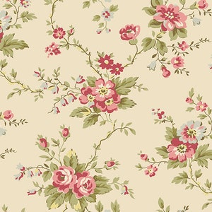 Lady Tulip Edyta Sitar Fabric -Half Yard- Pretty Cream Off White with Pink Flowers and Green Laundry Basket Quilts Andover Fabric A-182-N
