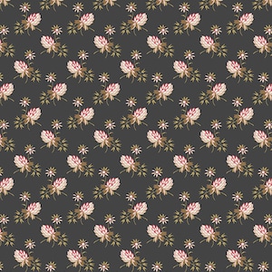 May include: A repeating pattern of pink and white clover-like flowers and small white star-shaped flowers on a dark gray background. The flowers have brown stems and green leaves. This floral design is suitable for fabric or wallpaper.