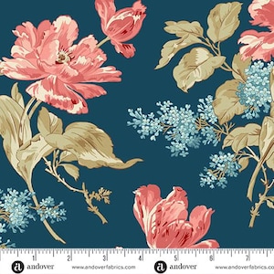 May include: A fabric with a dark teal background featuring a floral pattern. Large pink and red flowers with green and tan leaves are scattered across the fabric. Small clusters of blue flowers are also present.