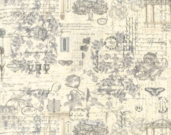 3 Sisters Favorites Moda Fabric -Half Yard- Etchings Floral Ephemera Collage Cream Off White with Gray Quilting Fabric 44339 11, 44370 11