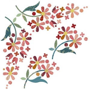 May include: Floral design with a white background. The design features stylized flowers in shades of pink, red, and gold, with patterned petals and yellow centers. Green and blue leaves and stems complete the arrangement.