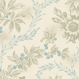 Cocoa Blue Fabric -Half Yard- Edyta Sitar Fabric Light Brown Cream Blue Ruscus Flowers Floral Laundry Basket Quilts Andover Fabric A-726-LB