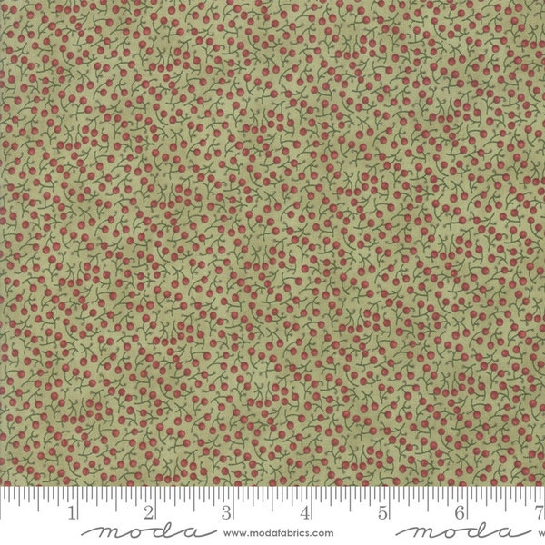 Marches De Noel Fabric - Half Yard - Mistletoe Green with Red Berries Flowers Floral Print 3 Sisters Moda Christmas Fabric Shirting 44235 13