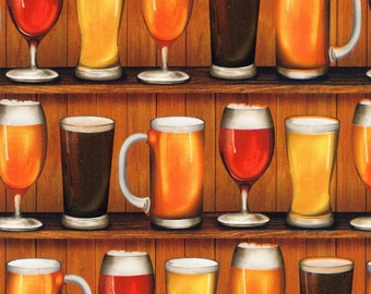 Cheers Beer Fabric - Half Yard - Celebration Beers on Shelf Brews Craft Beer Glasses Pint Steins Fabric Robert Kaufman Novelty Fabric Drinks
