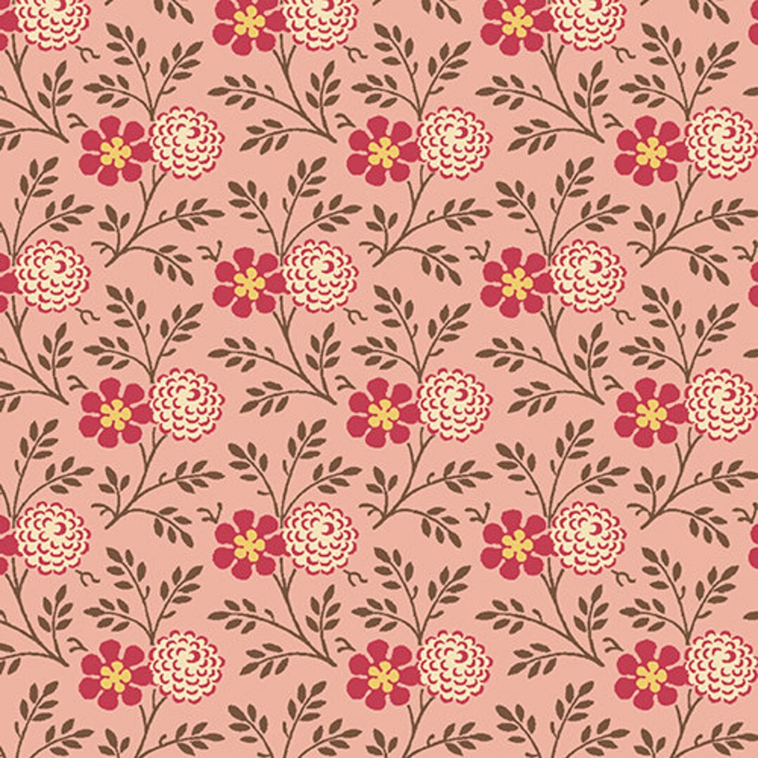 Cloverdale House Fabric Half Yard Pink Red Brown Pom Pom Floral Design