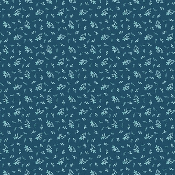 Fountain Blue Fabric - Half Yard - Sickle Flower Teal Blue with Small Floral Laundry Basket Quilts Cotton Andover Fabric A-307-B