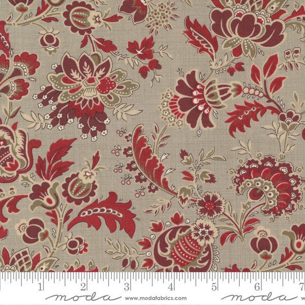 Bonheur De Jour Fabric -Half Yard- French General Floral Roche Taupe Brown with Red Flowers Reproduction Fabric Moda 13911 18