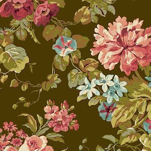 Primrose Fabric - Half Yard- Edyta Sitar Fabric Large Rose Garden Floral in Peat Moss Brown Pink Green Laundry Basket Quilts Andover A-521-N