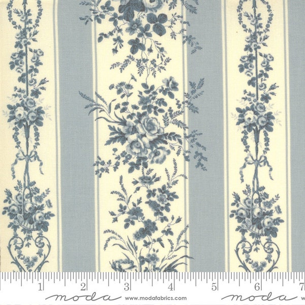 Jardin de Fleurs Fabric -Half Yard- French General Fabric Trocadero Focal Stripes Ciel Blue Cream Off White Light Blue Flowers Moda 13891 18