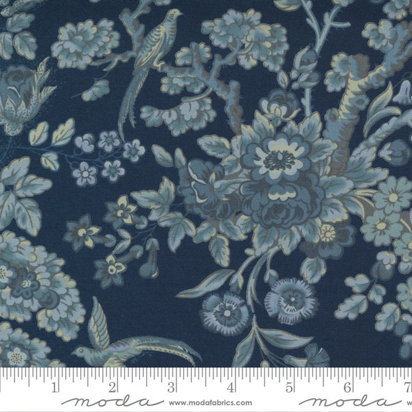 Regency Somerset Blues Fabric - Moda Fabric - Half Yard- Large Floral Dark Blue with Light Blues Cream Cotton Quilting Fabric 42360 15