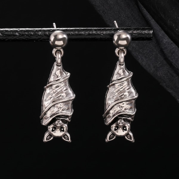 Bat Earrings, Silver Goth Earrings, Hanging Gothic Bat Earrings, Witchy Jewelry, Oddities, Memento Mori, Alternative Jewelry, Punk Earrings