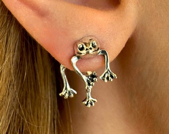 Frog Stud Earrings, Frog Earrings, Front Back Earrings, Green Frogs Earrings, Cute Frogs Earrings, Animal Earrings, Silver Earring