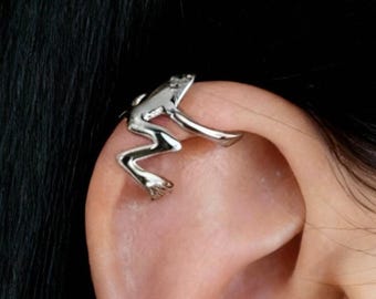 Kikkeroorbellen, kikkeroormanchetten, oor manchetten, groene kikkers oorbellen, schattige kikkers oorbellen, oorbellen dieren, zilveren oorbel, oorwarmer, oorbel, kikker piercing