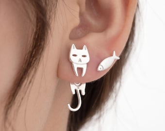 Cat Earrings, Asymmetric Cat Stud Earrings, Cat Charms, Fish Earrings, Cute Cat Jewelry, Whimsical Earrings, Cat Accessories