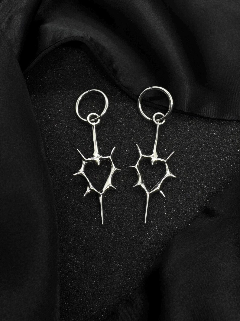 Spiked Heart Thorn Earrings: Spike Earrings, Spike Piercings, Nu Goth, Huggie Hoop Earrings, Alt Earrings, Goth Aesthetic Jewelry, Nu Metal image 4