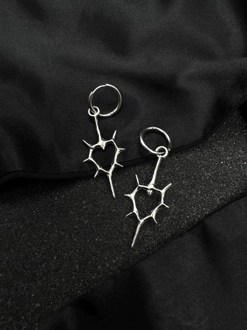 Spiked Heart Thorn Earrings: Spike Earrings, Spike Piercings, Nu Goth, Huggie Hoop Earrings, Alt Earrings, Goth Aesthetic Jewelry, Nu Metal image 6
