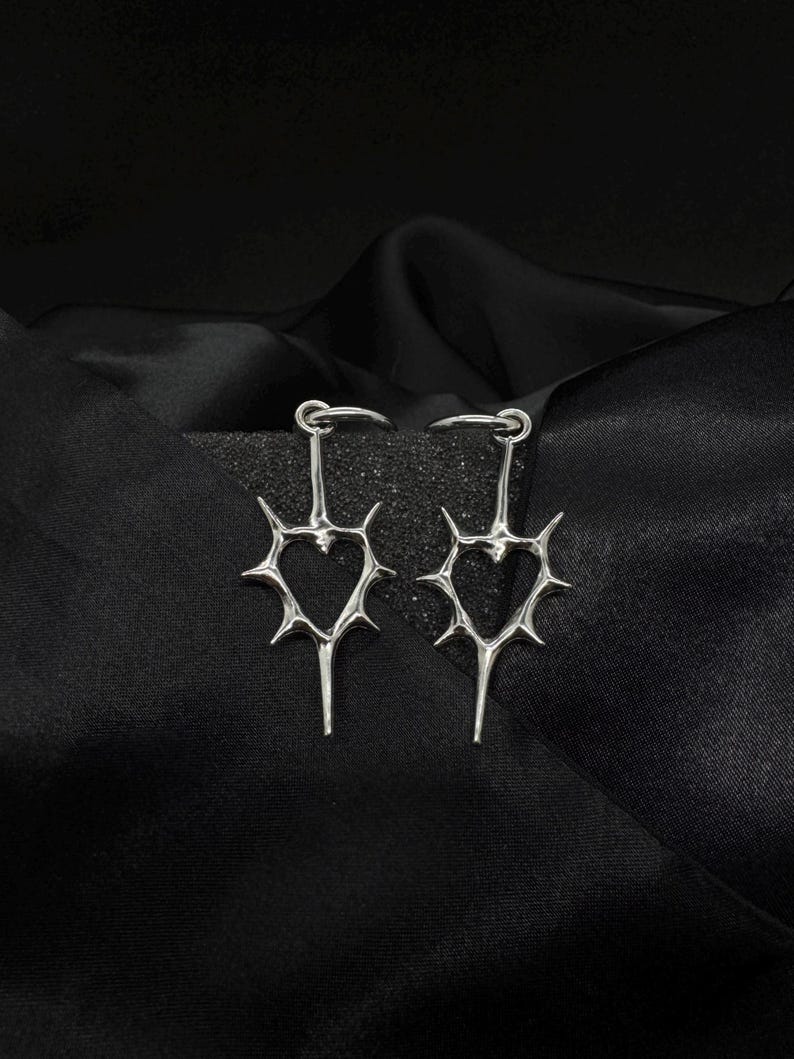 Spiked Heart Thorn Earrings: Spike Earrings, Spike Piercings, Nu Goth, Huggie Hoop Earrings, Alt Earrings, Goth Aesthetic Jewelry, Nu Metal image 3