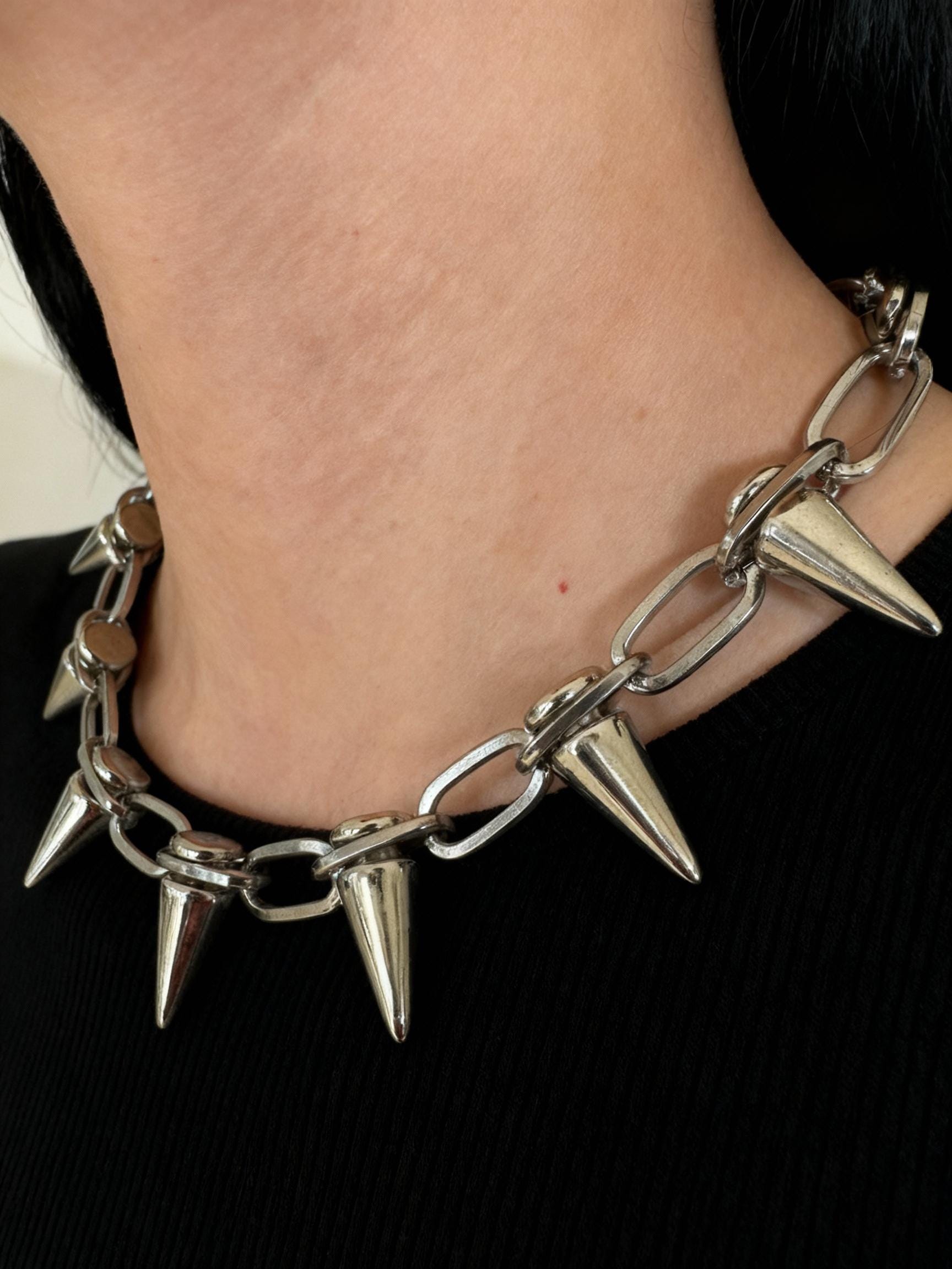 Spiked Necklace, Spike Choker, Spike Collar, Spike Chain, Silver