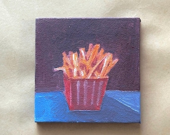 Hand-painted French Fries Mini Painting – Indie Art - Acrylic on Canvas – 3x3 in – Includes adhesive dots and magnets for easy hanging